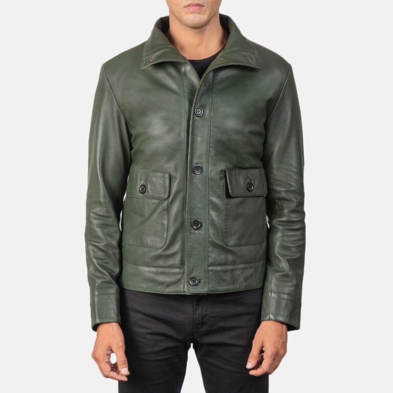 Mens Columbus Green Leather Bomber Jacket5778-4-1568975664702